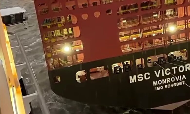 MSC Victorine container ship following a collision with a TUI Cruises vessel at Bremerhaven port, Germany, which reportedly caused a 10-metre tear in its hull.